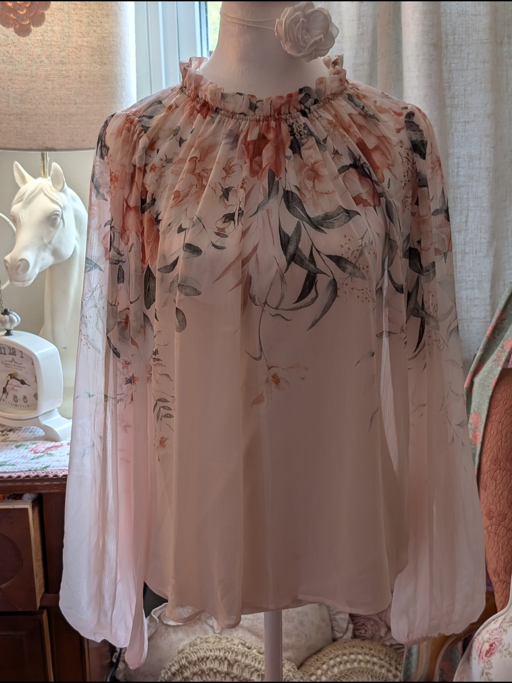 Rachel Zoe Pink Floral Sheer Ruffled Neck Blouse